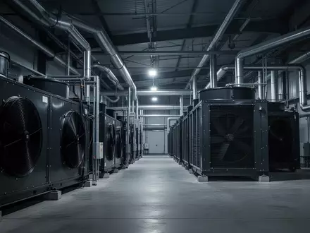 Industrielle Kühlanlage mit massiven Metallrohren und Belüftungssystemen in einer weitläufigen, schattigen Halle. - Foto: über boerse-global.de