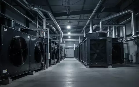Industrielle Kühlanlage mit massiven Metallrohren und Belüftungssystemen in einer weitläufigen, schattigen Halle. - Foto: über boerse-global.de