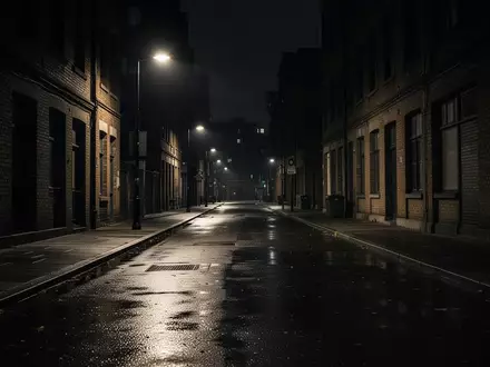 Eine nächtliche, verlassene städtische Straße mit nasser Fahrbahn und den Schatten von Backsteingebäuden. - Foto: über boerse-global.de