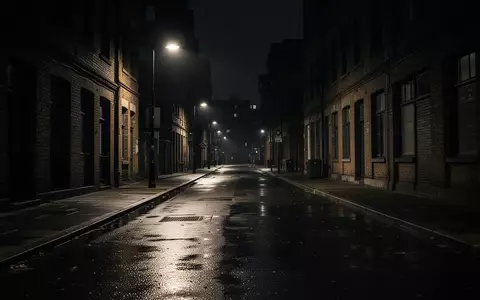Eine nächtliche, verlassene städtische Straße mit nasser Fahrbahn und den Schatten von Backsteingebäuden. - Foto: über boerse-global.de