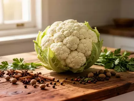 Ein ganzer Blumenkohl liegt auf einer rustikalen Holzarbeitsplatte neben verschiedenen Gewürzen in einer hellen Küche. - Foto: über boerse-global.de