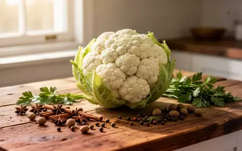 Ein ganzer Blumenkohl liegt auf einer rustikalen Holzarbeitsplatte neben verschiedenen Gewürzen in einer hellen Küche. - Foto: über boerse-global.de