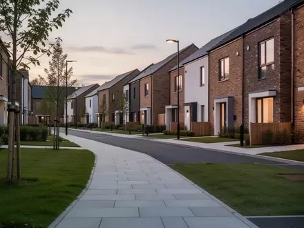 Eine ruhige, moderne Wohnstraße in einer britischen Stadt bei Dämmerung mit Gehwegen und Reihenhäusern. - Foto: über boerse-global.de