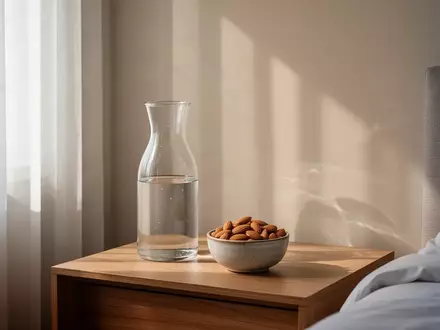 Ein minimalistischer Nachttisch mit einer Glaskaraffe und einer Schale mit Mandeln im sanften Morgenlicht. - Foto: über boerse-global.de