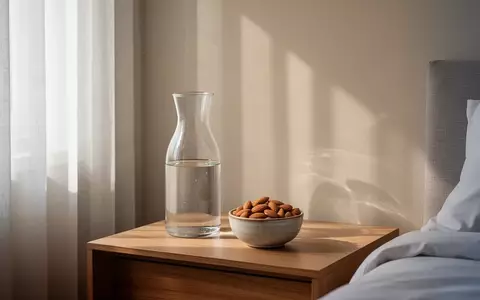 Ein minimalistischer Nachttisch mit einer Glaskaraffe und einer Schale mit Mandeln im sanften Morgenlicht. - Foto: über boerse-global.de