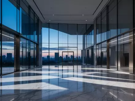 Moderne, minimalistische Architektur mit Glasfassaden und reflektierenden Böden in der Dämmerung. - Foto: über boerse-global.de