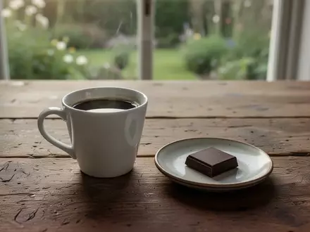 Eine Tasse schwarzer Kaffee und ein Stück dunkle Schokolade auf einem Holztisch im morgendlichen Sonnenlicht. - Foto: über boerse-global.de