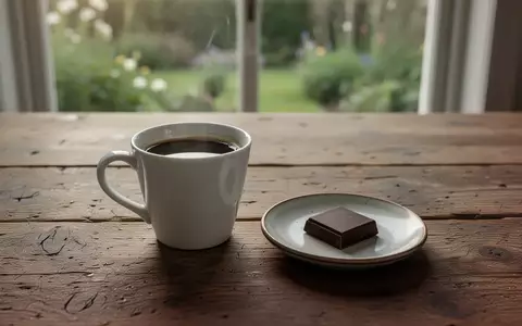 Eine Tasse schwarzer Kaffee und ein Stück dunkle Schokolade auf einem Holztisch im morgendlichen Sonnenlicht. - Foto: über boerse-global.de
