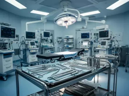 Ein steriler, moderner Operationssaal mit medizinischen Geräten und chirurgischen Instrumenten in einem Krankenhaus. - Foto: über boerse-global.de