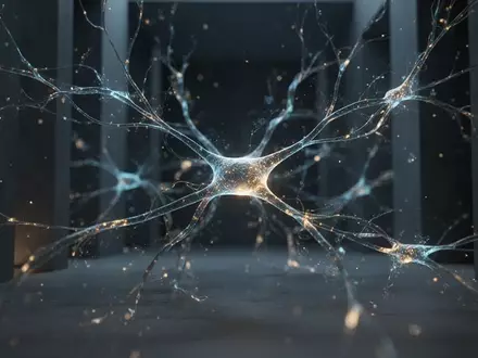 Abstrakte Darstellung neuronaler Verbindungen in einem dunklen, architektonischen Raum mit sanft leuchtenden Lichtfäden. - Foto: über boerse-global.de
