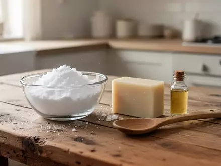 Natürliche Zutaten wie Kernseife, Soda und ätherische Öle auf einem Holztisch zur Herstellung von umweltfreundlichen Reinigern. - Foto: über boerse-global.de