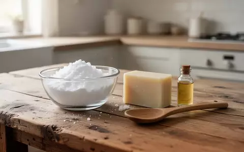 Natürliche Zutaten wie Kernseife, Soda und ätherische Öle auf einem Holztisch zur Herstellung von umweltfreundlichen Reinigern. - Foto: über boerse-global.de