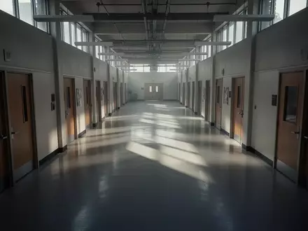 Ein leerer, langer Schulflur mit geschlossenen Türen und langen Schatten in einer ruhigen, minimalistischen Architektur. - Foto: über boerse-global.de