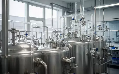 Moderne industrielle Biotechnologie-Anlage mit Edelstahltanks und Rohrleitungssystemen in einer sterilen Laborumgebung. - Foto: über boerse-global.de