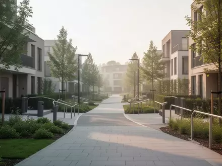 Modernes Wohnviertel mit barrierefreien Wegen und großzügigen Grünflächen bei natürlichem Tageslicht. - Foto: über boerse-global.de