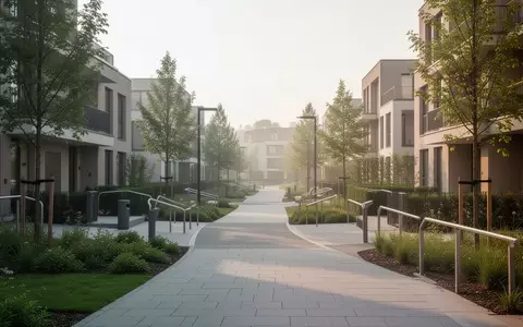 Modernes Wohnviertel mit barrierefreien Wegen und großzügigen Grünflächen bei natürlichem Tageslicht. - Foto: über boerse-global.de