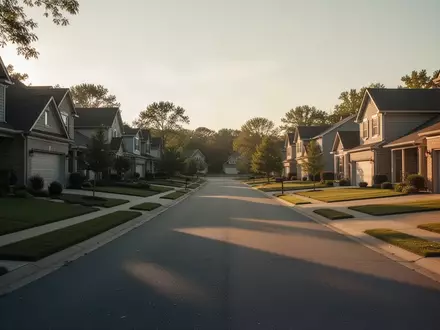 Eine ruhige Wohnstraße in einer amerikanischen Vorstadt bei Sonnenuntergang mit leeren Einfahrten und Häuserzeilen. - Foto: über boerse-global.de