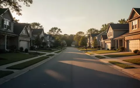 Eine ruhige Wohnstraße in einer amerikanischen Vorstadt bei Sonnenuntergang mit leeren Einfahrten und Häuserzeilen. - Foto: über boerse-global.de