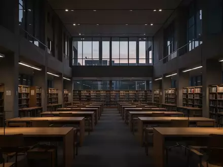 Ein minimalistisch beleuchteter, leerer Lesesaal in einer Bibliothek bei Dämmerung. - Foto: über boerse-global.de