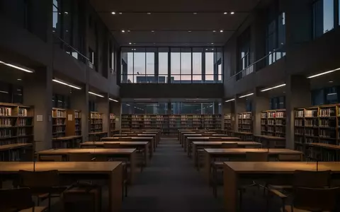 Ein minimalistisch beleuchteter, leerer Lesesaal in einer Bibliothek bei Dämmerung. - Foto: über boerse-global.de