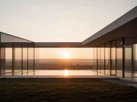 Moderne Architektur eines Gebäudes mit Glasfassade bei Dämmerung in einer weitläufigen Landschaft als Symbol für Standortfragen. - Foto: über boerse-global.de