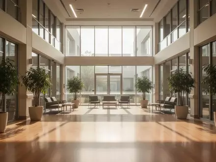 Ein helles, modernes Krankenhaus-Atrium mit großen Glasfenstern und Pflanzen in einer ruhigen, freundlichen Atmosphäre. - Foto: über boerse-global.de