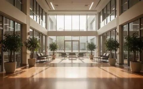 Ein helles, modernes Krankenhaus-Atrium mit großen Glasfenstern und Pflanzen in einer ruhigen, freundlichen Atmosphäre. - Foto: über boerse-global.de