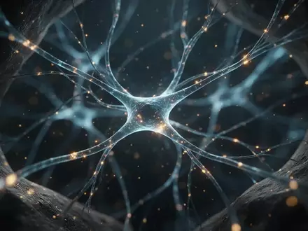 Abstrakte Darstellung neuronaler Netzwerke und synaptischer Verbindungen in einem dunklen, organischen Raum. - Foto: über boerse-global.de