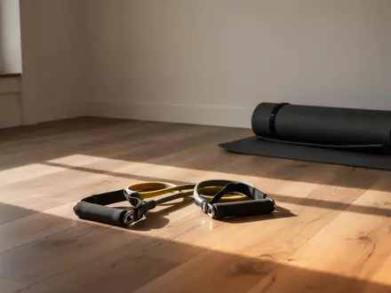 Ein minimalistischer Raum für Heimtraining mit Widerstandsbändern und einer zusammengerollten Yogamatte bei natürlichem Licht. - Foto: über boerse-global.de