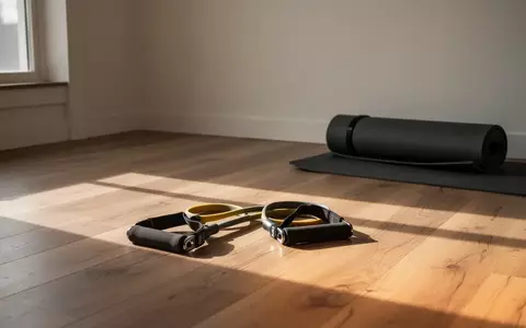 Ein minimalistischer Raum für Heimtraining mit Widerstandsbändern und einer zusammengerollten Yogamatte bei natürlichem Licht. - Foto: über boerse-global.de