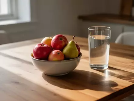 Ein hölzerner Küchentisch mit einer Schale voll frischem Obst und einem Glas Wasser im natürlichen Licht. - Foto: über boerse-global.de
