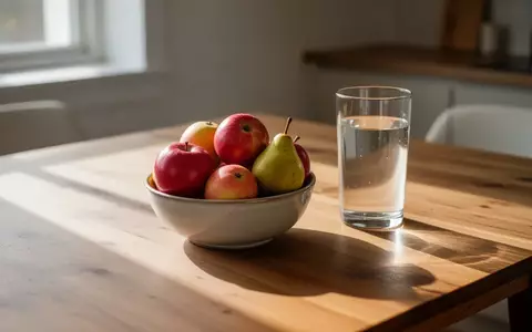 Ein hölzerner Küchentisch mit einer Schale voll frischem Obst und einem Glas Wasser im natürlichen Licht. - Foto: über boerse-global.de
