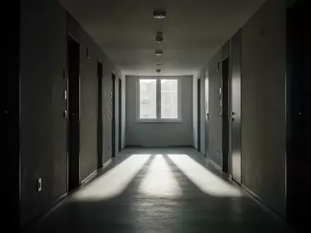 Ein leerer, modern gestalteter Flur in einem Wohngebäude mit einfallendem Tageslicht und langen Schatten. - Foto: über boerse-global.de