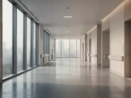 Ein minimalistischer, moderner Krankenhausflur mit großen Fensterfronten und reflektierenden Böden. - Foto: über boerse-global.de