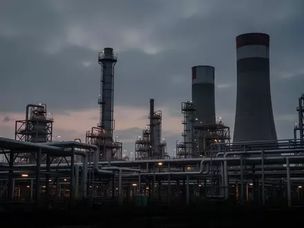 Ein weitläufiges Industrieareal mit Raffinerieanlagen in der Dämmerung unter einem bewölkten Himmel. - Foto: über boerse-global.de