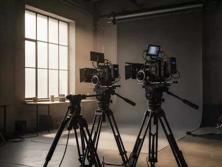 Eine professionelle Filmkamera auf einem Stativ in einem minimalistischen, natürlich beleuchteten Filmstudio. - Foto: über boerse-global.de