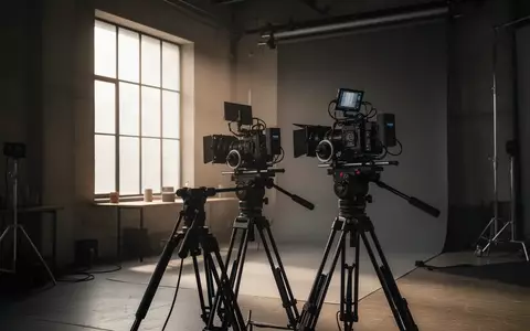 Eine professionelle Filmkamera auf einem Stativ in einem minimalistischen, natürlich beleuchteten Filmstudio. - Foto: über boerse-global.de