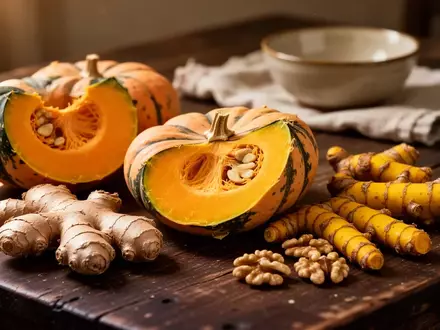 Herbstliches Gemüse wie Kürbis, Ingwer, Kurkuma und Walnüsse auf einem rustikalen Holztisch in warmem Licht. - Foto: über boerse-global.de