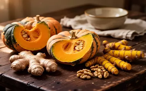Herbstliches Gemüse wie Kürbis, Ingwer, Kurkuma und Walnüsse auf einem rustikalen Holztisch in warmem Licht. - Foto: über boerse-global.de