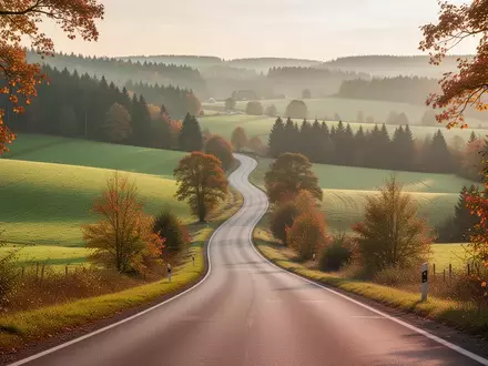 Eine weitläufige, herbstliche Landschaft mit einer kurvigen Landstraße durch die Hügel Baden-Württembergs bei Sonnenaufgang. - Foto: über boerse-global.de