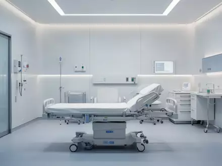 Ein heller, steriler Behandlungsraum in einer Klinik mit einem leeren, verstellbaren Krankenbett. - Foto: über boerse-global.de