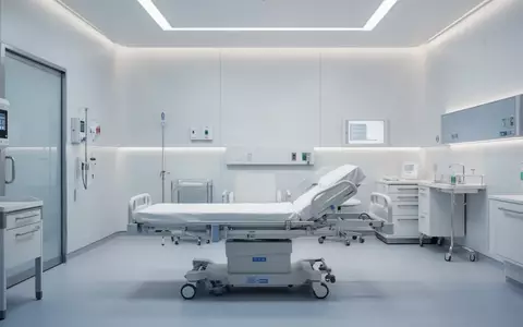 Ein heller, steriler Behandlungsraum in einer Klinik mit einem leeren, verstellbaren Krankenbett. - Foto: über boerse-global.de
