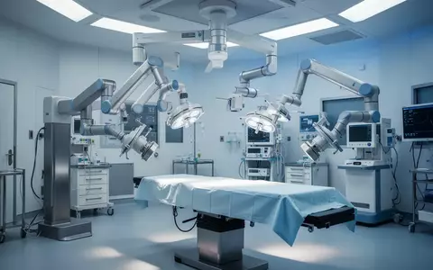Ein moderner, steriler Operationssaal mit einem inaktiven chirurgischen Robotersystem über einem leeren Operationstisch. - Foto: über boerse-global.de