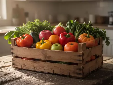 Eine Holzkiste mit frischem Obst und Gemüse auf einem Steintisch bei natürlichem Licht. - Foto: über boerse-global.de
