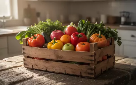 Eine Holzkiste mit frischem Obst und Gemüse auf einem Steintisch bei natürlichem Licht. - Foto: über boerse-global.de