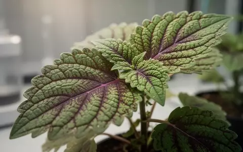 Nahaufnahme eines Coleus-forskohlii-Blattes mit detaillierter Blattstruktur vor einem unscharfen Laborhintergrund. - Foto: über boerse-global.de