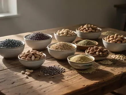 Eine Auswahl an proteinreichen Lebensmitteln wie Hülsenfrüchten und Nüssen auf einem Holztisch bei natürlichem Licht. - Foto: über boerse-global.de