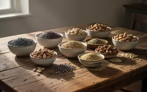 Eine Auswahl an proteinreichen Lebensmitteln wie Hülsenfrüchten und Nüssen auf einem Holztisch bei natürlichem Licht. - Foto: über boerse-global.de