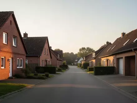 Eine ruhige Wohnstraße in einer ländlichen Region mit Backsteinhäusern im goldenen Licht der Abendsonne. - Foto: über boerse-global.de
