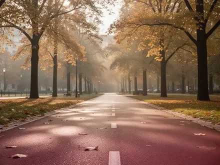 Ein asphaltierter Laufweg in einem Berliner Park im Herbst mit goldenem Laub unter sanftem Morgenlicht. - Foto: über boerse-global.de